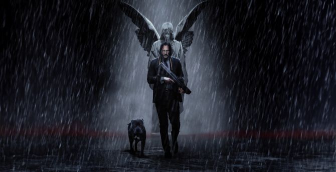 John Wick and his dog, walking in the rain, movie wallpaper