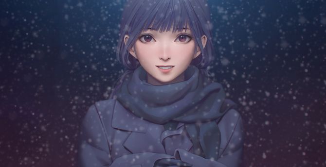 Beautiful, anime girl, snowfall, artwork wallpaper