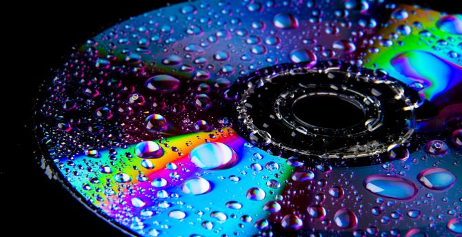 Disk, wet surface, drops, colorful, reflections wallpaper