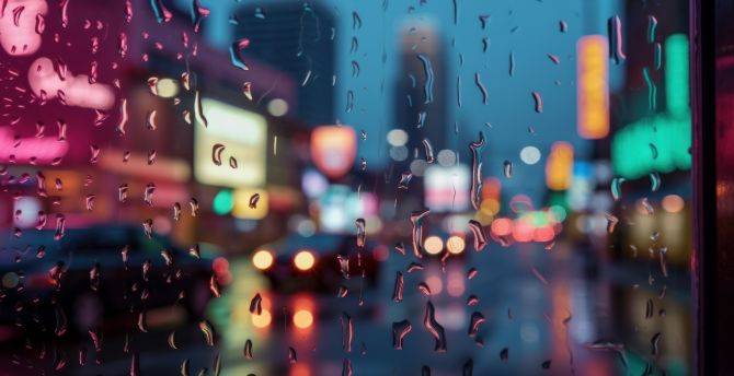 Raindrops on glass, rain, night of city, bokeh wallpaper