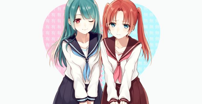 School dress, friends, anime girls, original wallpaper