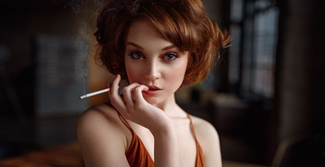 Short hair, red head, woman, portrait, cigarette wallpaper