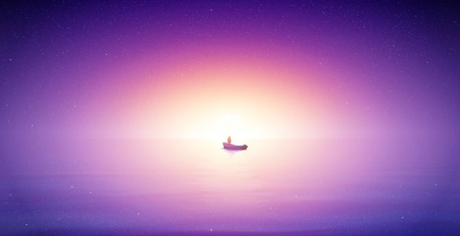 Alone, fishing, boat, sunrise, bright purple sea wallpaper
