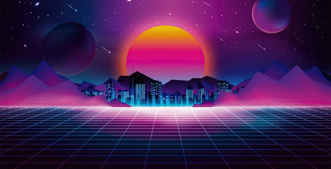 Retro city, sunset, digital art wallpaper