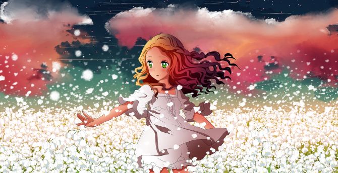 Curious, cute, anime girl, outdoor, meadow wallpaper
