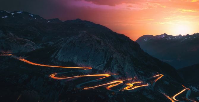 Sunset, trails of lights, mountains, road, long exposure wallpaper