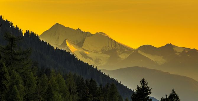 Mountains, horizon, dawn, sunrise, yellow sky, nature wallpaper
