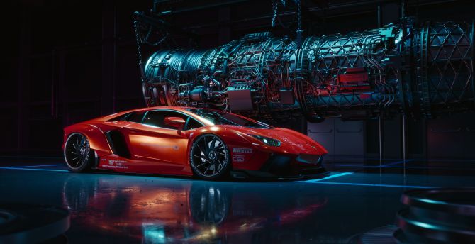 Lamborghini Aventador, red, sports car, art wallpaper