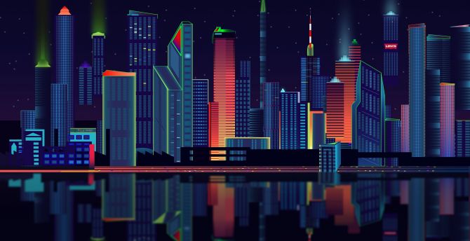 Cityscape, night, buildings, digital art wallpaper