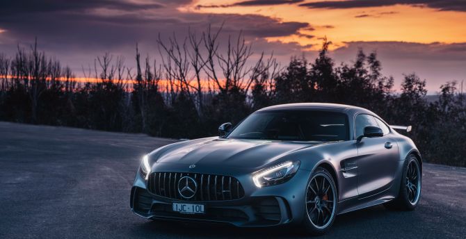 Sunset, Mercedes-AMG GT, luxury car wallpaper