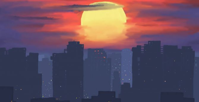Sunset over the city, artwork wallpaper