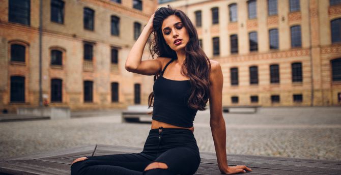 Black jeans, girl model, sit wallpaper