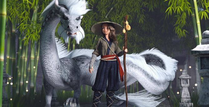 Teen girl with dragon, white dragon, art wallpaper