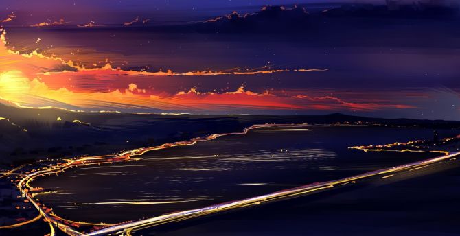 Horizon, clouds, sunset, highway, aerial view, art wallpaper