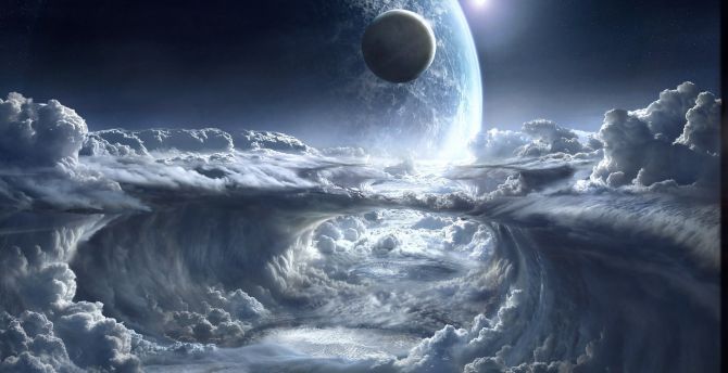 Space, white clouds, planet, fantasy wallpaper