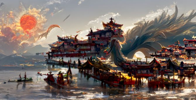 China's ancient town, dragon, fantasy, art wallpaper