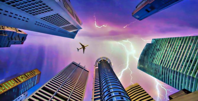 Skyscrapers, lighting, airplane, clouds, photoshop wallpaper