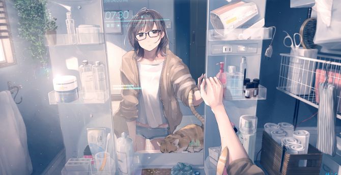 Bathroom, anime girl, reflections, mirror, original wallpaper