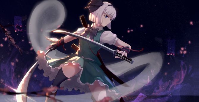 Youmu Konpaku, warrior with swords, anime girl wallpaper