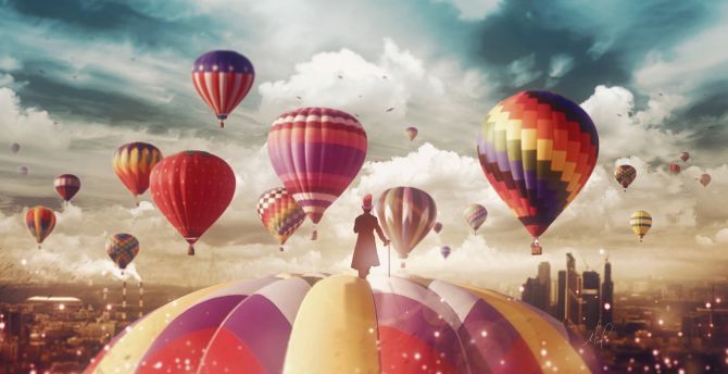 Magician, hot air balloons, ride, fantasy, surreal wallpaper
