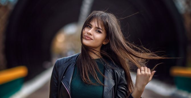 Indian model, smile, girl, leather jacket wallpaper