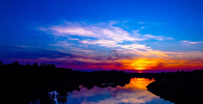 Sunset, skyline, river, reflections wallpaper