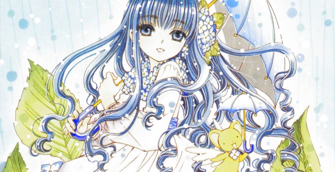 Blue, long hair, Tomoyo Daidouji, umbrella wallpaper