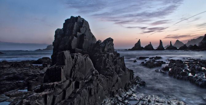 Coast, dark, rocks, sunset, sea, nature wallpaper