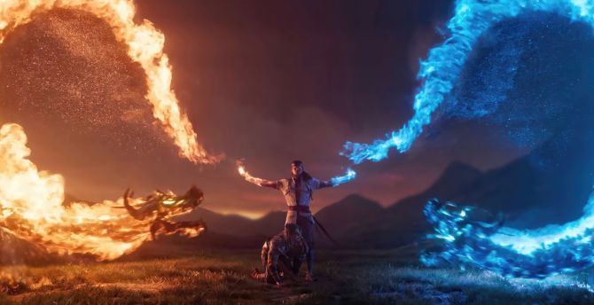 Liu Kang a fire god, Mortal Kombat 1, 2023 game wallpaper