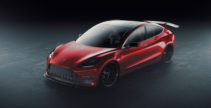 Tesla, sport car, artwork, red wallpaper