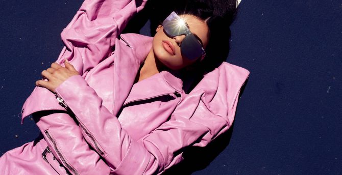 Kylie Jenner, pink dress, sunglasses, lying down wallpaper