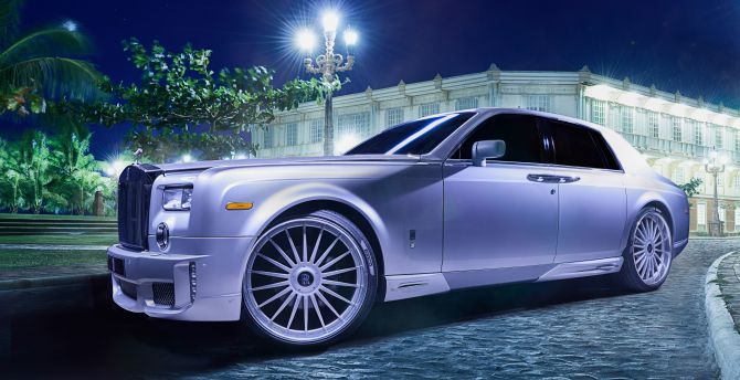 Rolls-Royce Ghost, luxury car, night, blue white wallpaper