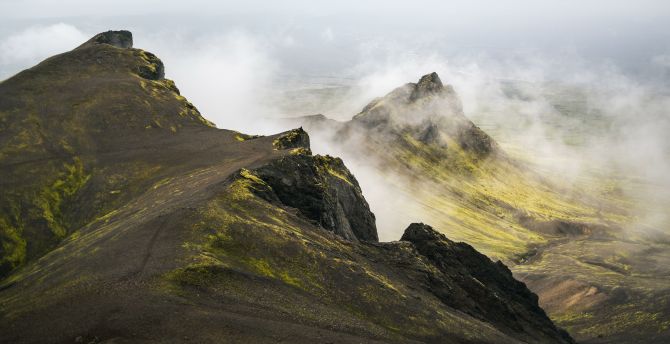 Iceland's mountains, clouds, nature wallpaper