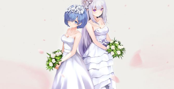Rem and Emilia, white, wedding dress wallpaper