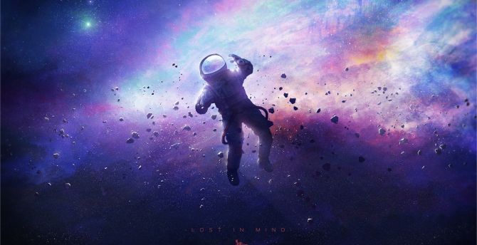Lost in mind, cosmos, space, colorful, astronaut, artwork wallpaper