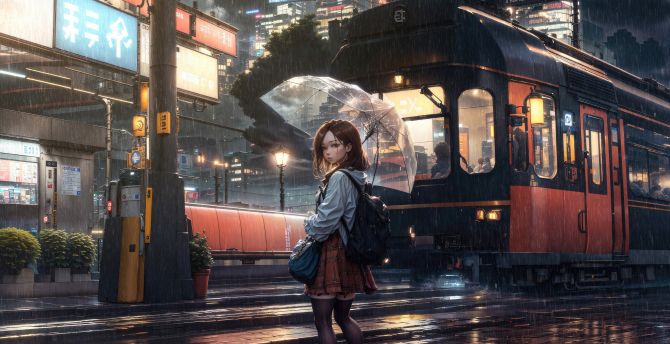 Rainy day, anime girl, walking through the city, looking back wallpaper