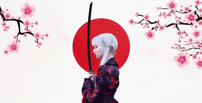 Girl warrior, samurai, Cherry Blossom, art wallpaper
