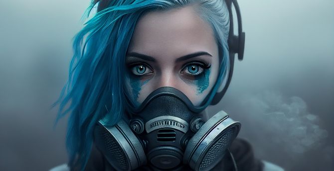 Woman in gas mask, blue hair wallpaper