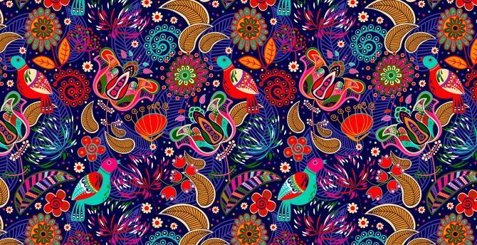 Pattern, colorful, birds, leaf, flowers wallpaper