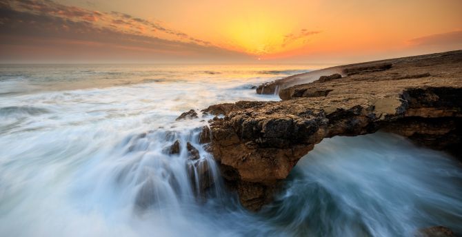 Sunset, sea, coast, rocks, nature wallpaper