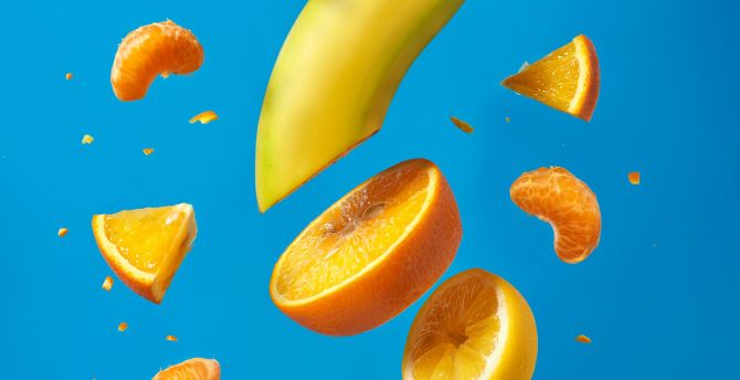 Banana-orange fruit slices, close up wallpaper