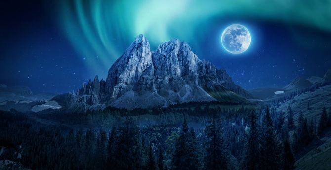 Mountain, Aurora, moon, night wallpaper