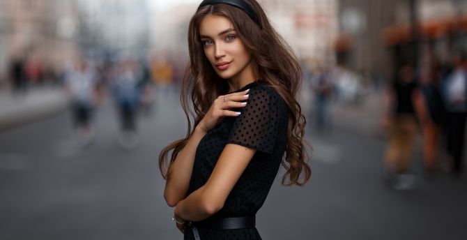 Black dress, pretty, long hair, woman model wallpaper