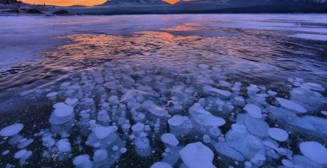 Frozen lake, icebergs, small, glacier, sunset wallpaper