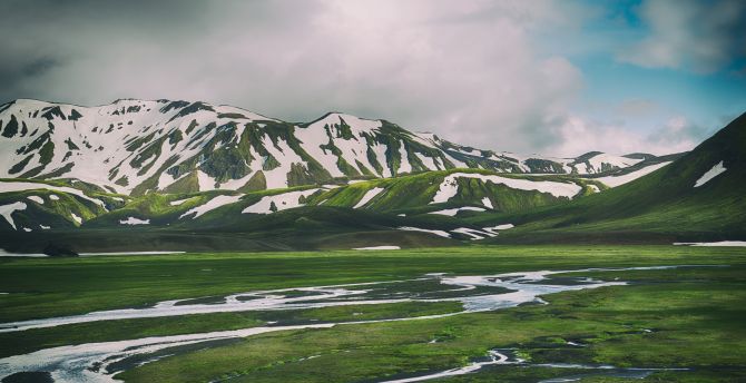 Iceland, mountains, snow, green landscape wallpaper