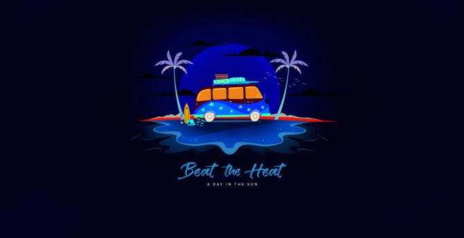 Beat the Heat, van, island, retro art wallpaper