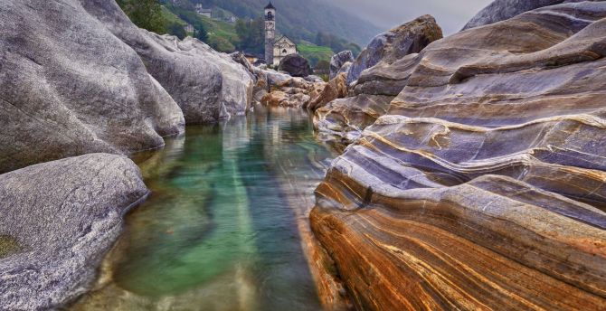 Mountains, river flow, rocks, nature wallpaper