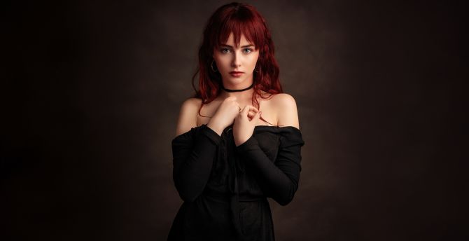 A redhead girl in black dress, pretty woman wallpaper
