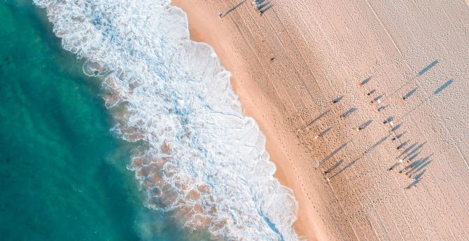 Aerial view, white, sea waves, green water, beach wallpaper