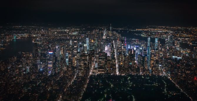 Desktop wallpaper dark, city in night, aerial view, cityscape, hd image